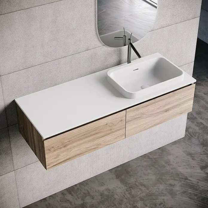 Lavabo y encimera Paul derecha - 46 x 121 cm, Orificios para grifo: Derecha, Con desbordamiento, Blanco - El moderno juego de lavabo de baño con encimeras blancas y armarios de madera ofrece una solución elegante y funcional para cualquier baño.