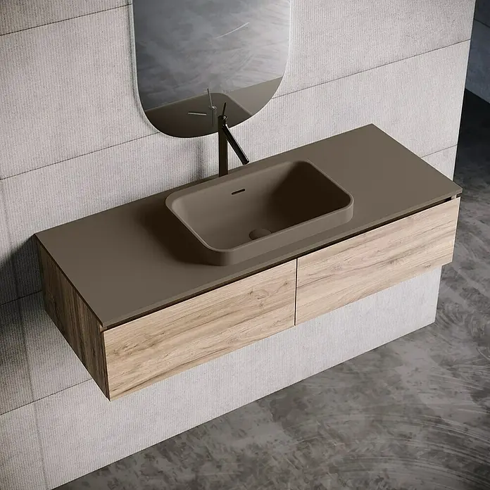 Lavabo y encimera Paul - 46 x 121 cm, Orificios para grifo: Medio, Con desbordamiento, Nut - Elegante lavabo de baño con mueble de madera y espejo elegante. El mueble perfecto para un baño moderno.
