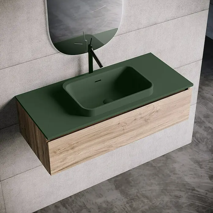 Lavabo y encimera Paul - 46 x 101 cm, Orificios para grifo: Medio, Con desbordamiento, Verde oliva - Lavabo de baño moderno con mueble de madera y encimera verde. Un elemento de diseño elegante para cualquier baño moderno.