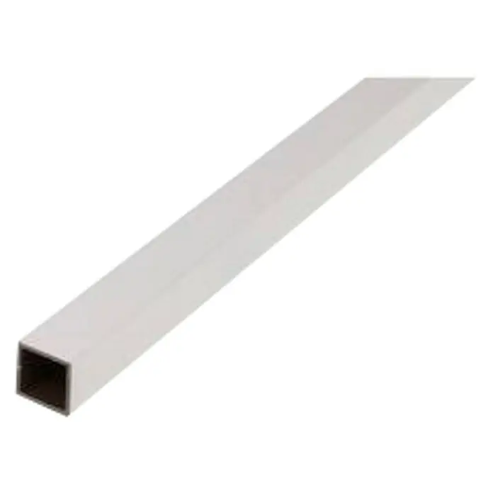 Alberts Tubo de forma cuadrada - 2.600 x 20 x 20 mm, Espesor: 1,5 mm, Blanco - La imagen muestra un tubo cuadrado de aluminio, con un acabado blanco liso, ideal para la construcción o proyectos de bricolaje.
