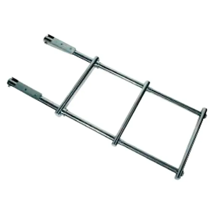 Escalerilla telescópica - 89 x 25,4 cm, Número de niveles: 3 ud., Acero inoxidable - Imagen de una escalera de barco con tres peldaños y soportes, ideal para acceder fácilmente a la embarcación.