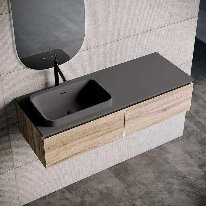 Lavabo y encimera Paul izquierda - 46 x 121 cm, Orificios para grifo: Izquierda, Con desbordamiento, Antracita - Un moderno lavabo de baño con una encimera gris combinada con una estructura de madera para almacenamiento adicional y estética.
