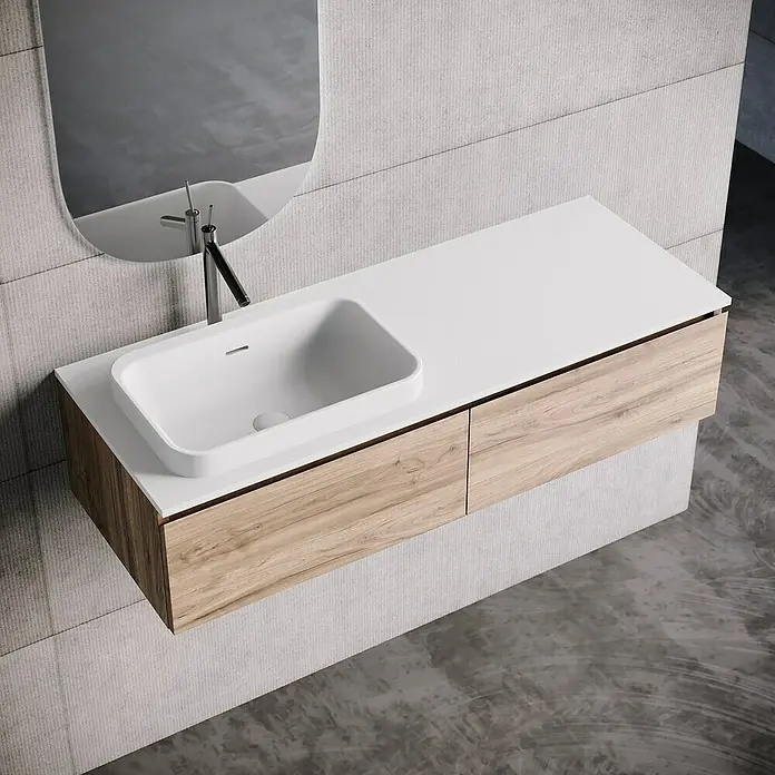 Lavabo y encimera Paul izquierda - 46 x 121 cm, Orificios para grifo: Izquierda, Con desbordamiento, Blanco - Baño moderno con mueble de lavabo de madera y lavabo sobre encimera blanco. Diseño elegante para baños con estilo.