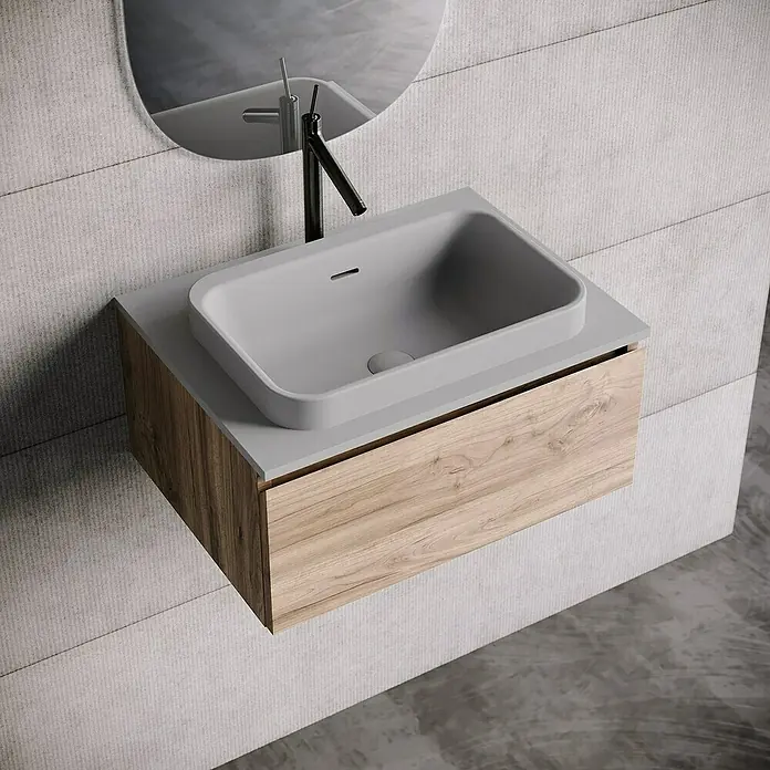 Lavabo y encimera Paul - 46 x 61 cm, Orificios para grifo: Medio, Con desbordamiento, Gris - Elegante lavabo de baño con mueble de madera y diseño moderno. Un elemento elegante para cualquier baño.