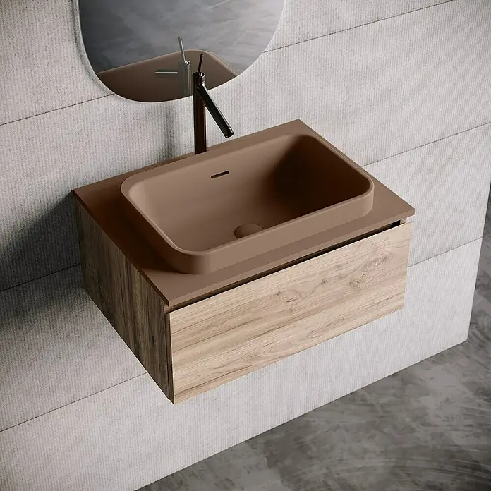 Lavabo y encimera Paul - 46 x 61 cm, Orificios para grifo: Medio, Con desbordamiento, Cacao - Lavabo de baño moderno con mueble y grifo en beige y madera clara. El lavabo tiene una forma rectangular.