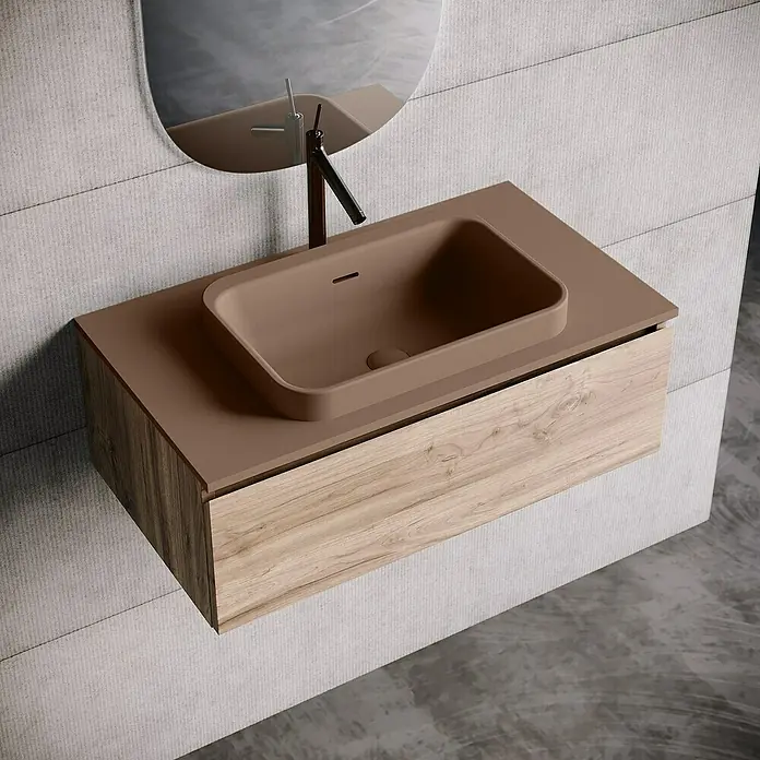 Lavabo y encimera Paul - 46 x 81 cm, Orificios para grifo: Medio, Con desbordamiento, Cacao - Un moderno tocador con lavabo sobre encimera marrón y mueble de madera, ideal para un baño elegante.