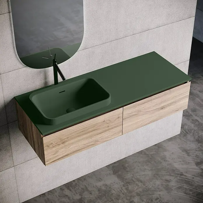 Lavabo y encimera Paul izquierda - 46 x 121 cm, Orificios para grifo: Izquierda, Con desbordamiento, Verde oliva - Elegante lavabo de baño con encimera verde y mueble de madera. Diseño moderno para baños con estilo.\n