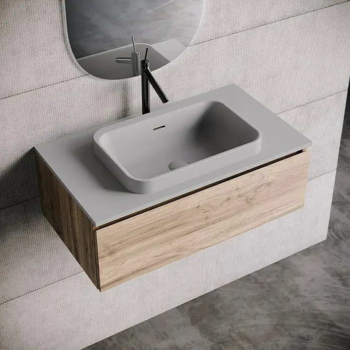 Lavabo y encimera Paul - 46 x 81 cm, Orificios para grifo: Medio, Con desbordamiento, Gris - Este moderno lavabo de baño con mueble de madera y encimera gris ofrece estilo y funcionalidad.