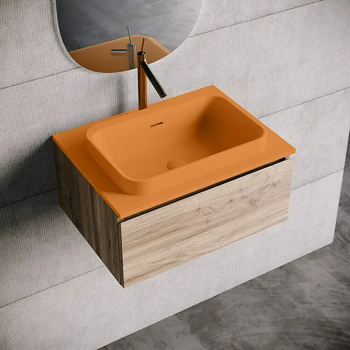 Lavabo y encimera Paul - 46 x 61 cm, Orificios para grifo: Medio, Con desbordamiento, Melocotón - Mueble de baño moderno con lavabo naranja y mueble de madera para un diseño de baño elegante.