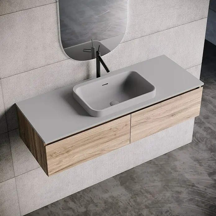 Lavabo y encimera Paul - 46 x 121 cm, Orificios para grifo: Medio, Con desbordamiento, Gris - Baño moderno con mueble de madera, encimera gris y cajones debajo.