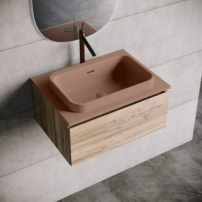 Lavabo y encimera Paul - 46 x 61 cm, Orificios para grifo: Medio, Con desbordamiento, Rosa california - Vista detallada de un moderno mueble de baño con gabinete revestido de madera y lavabo sobre encimera marrón.