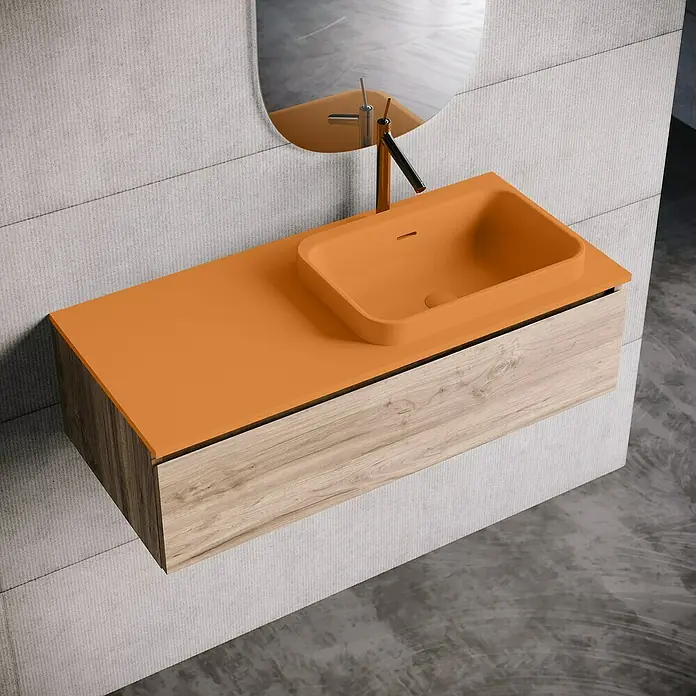 Lavabo y encimera Paul derecha - 46 x 101 cm, Orificios para grifo: Derecha, Con desbordamiento, Melocotón - Lavabo moderno con encimera naranja y mueble de madera. Diseño elegante para un baño moderno.