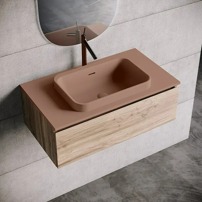 Lavabo y encimera Paul - 46 x 81 cm, Orificios para grifo: Medio, Con desbordamiento, Rosa california - Conjunto de tocador de baño moderno con un lavabo rectangular marrón mate y un mueble de madera sencillo.