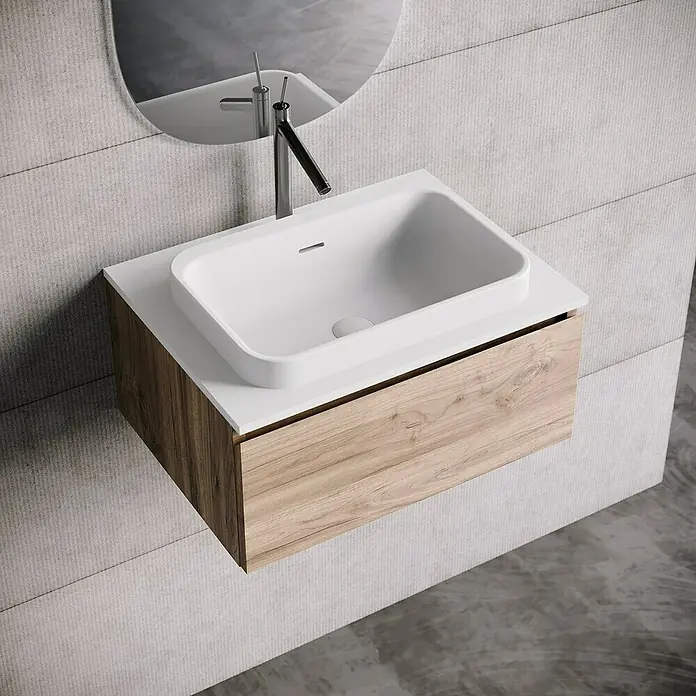 Lavabo y encimera Paul - 46 x 61 cm, Orificios para grifo: Medio, Con desbordamiento, Blanco - Lavabo de baño moderno con mueble de madera y lavabo sobre encimera para un diseño de baño elegante.