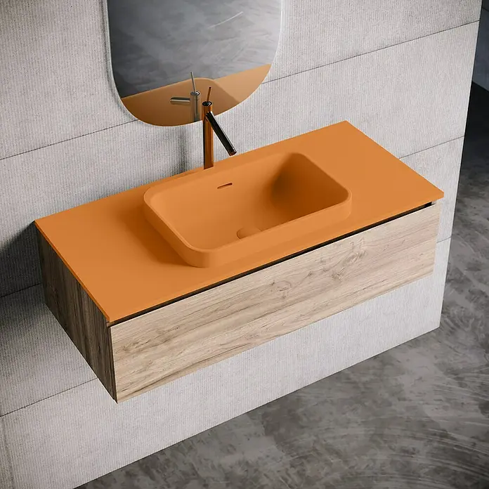 Lavabo y encimera Paul - 46 x 101 cm, Orificios para grifo: Medio, Con desbordamiento, Melocotón - Moderno mueble de baño con lavabo sobre encimera naranja y armario de madera. Diseño elegante para un baño contemporáneo.