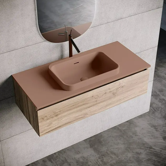 Lavabo y encimera Paul - 46 x 101 cm, Orificios para grifo: Medio, Con desbordamiento, Rosa california - Elegante conjunto de tocador de baño con un lavabo moderno en forma de caja y un elegante mueble de madera, ideal para diseños de baño contemporáneos.