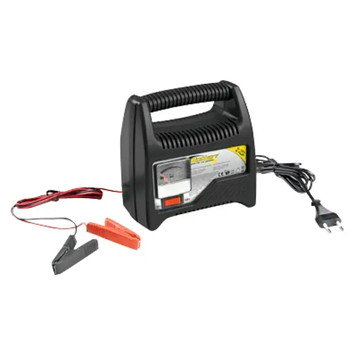 Arrancador de baterías - 8 A - Imagen de un cargador de batería automático negro con asa, pinzas y cable de alimentación, utilizado para cargar baterías de coche.