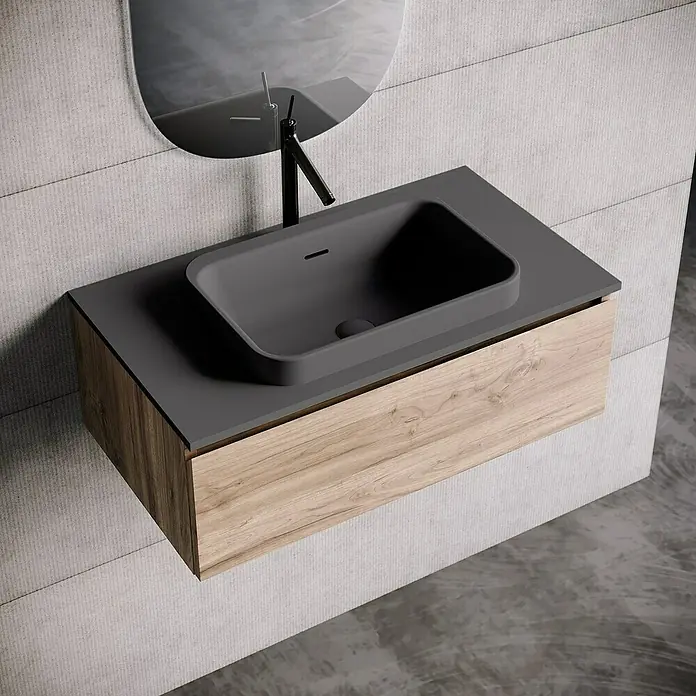 Lavabo y encimera Paul - 46 x 81 cm, Orificios para grifo: Medio, Con desbordamiento, Antracita - Elegante lavabo de baño con una pila rectangular oscura y un mueble de madera para una estética moderna.
