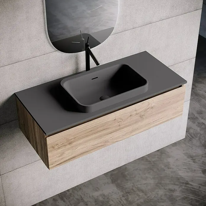 Lavabo y encimera Paul - 46 x 101 cm, Orificios para grifo: Medio, Con desbordamiento, Antracita - Lavabo de baño moderno con encimera gris, mueble de madera y espejo ovalado para un ambiente elegante.