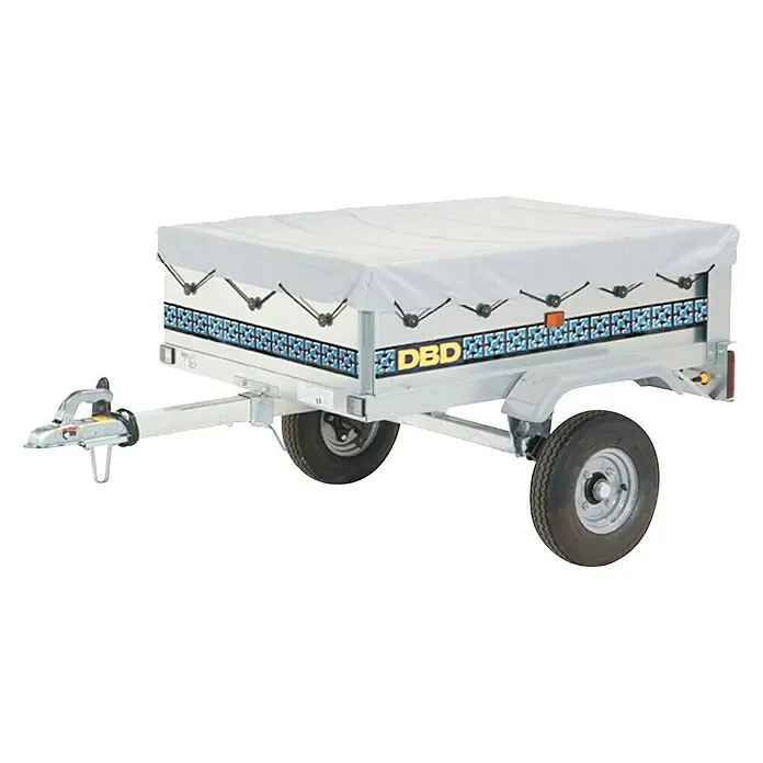 BAUHAUS Remolque DBD RV 328 - Carga útil: 385 kg, Un eje, Sin freno - Imagen de un remolque DBD, con una cubierta gris y adornos con patrones azules a lo largo de los lados. Ideal para el transporte.