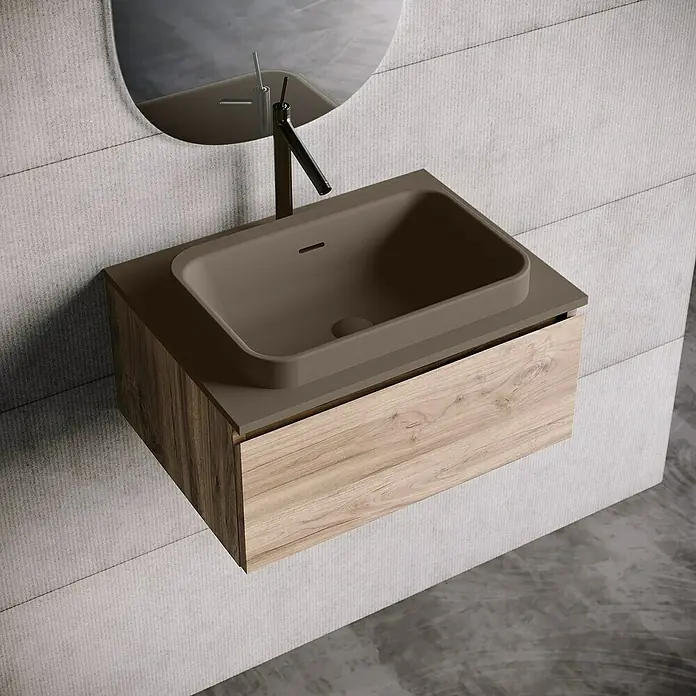Lavabo y encimera Paul - 46 x 61 cm, Orificios para grifo: Medio, Con desbordamiento, Nut - Elegante conjunto de muebles de baño con lavabo marrón y mueble de madera. Diseño contemporáneo para un baño elegante.