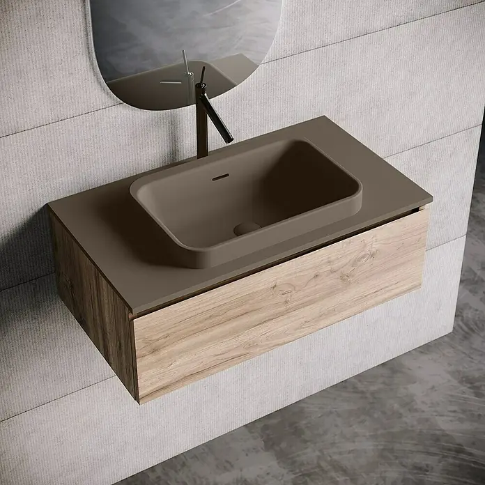 Lavabo y encimera Paul - 46 x 81 cm, Orificios para grifo: Medio, Con desbordamiento, Nut - Elegante lavabo de baño con mueble de madera y diseño moderno de grifo, que combina funcionalidad y estilo.