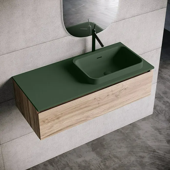 Lavabo y encimera Paul derecha - 46 x 101 cm, Orificios para grifo: Derecha, Con desbordamiento, Verde oliva - Mueble de baño moderno con lavabo sobre encimera verde y mueble de madera para diseños de baño elegantes.