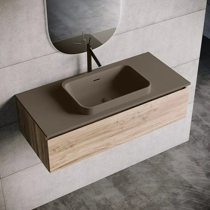 Lavabo y encimera Paul - 46 x 101 cm, Orificios para grifo: Medio, Con desbordamiento, Nut - Un moderno lavabo de baño con tocador y espejo en un diseño minimalista.