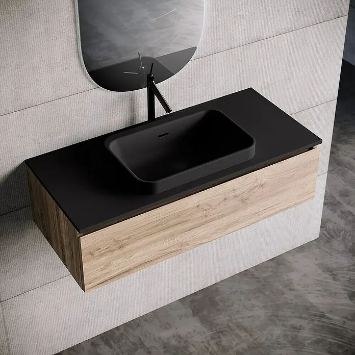 Lavabo y encimera Paul - 46 x 101 cm, Orificios para grifo: Medio, Con desbordamiento, Negro - Baño moderno con mueble de lavabo con aspecto de madera y lavabo sobre encimera negro.