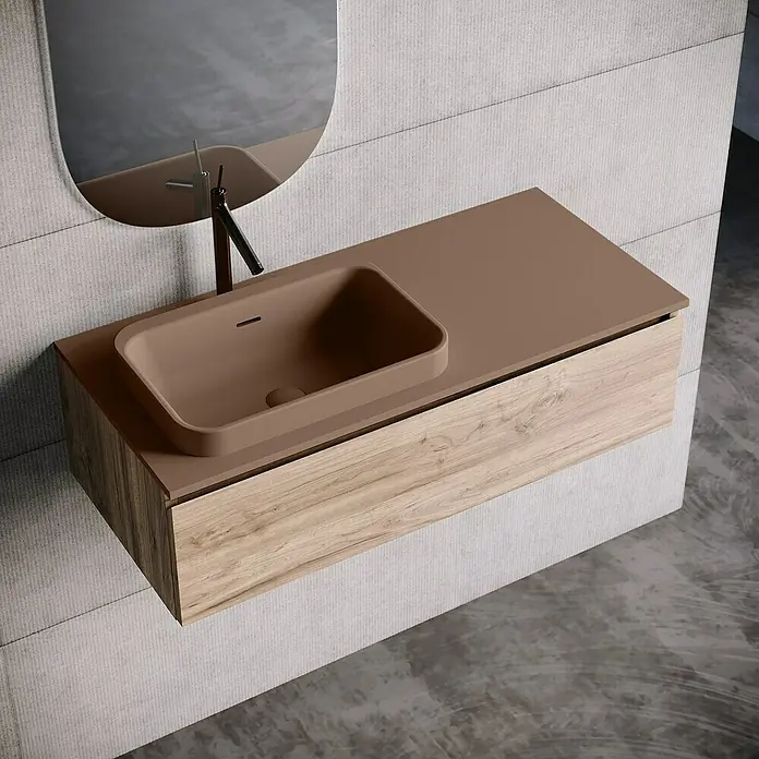 Lavabo y encimera Paul izquierda - 46 x 101 cm, Orificios para grifo: Izquierda, Con desbordamiento, Cacao - Lavabo de baño moderno con un lavabo sobre encimera marrón y un cajón de madera bajo una encimera a juego.