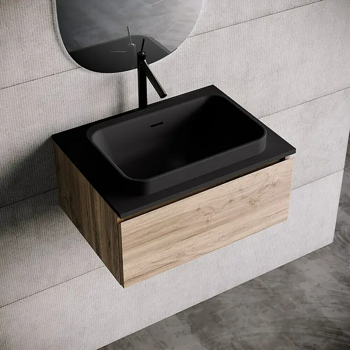 Lavabo y encimera Paul - 46 x 61 cm, Orificios para grifo: Medio, Con desbordamiento, Negro - Elegante lavabo de baño con mueble de madera y moderno lavabo sobre encimera negro para un ambiente elegante.