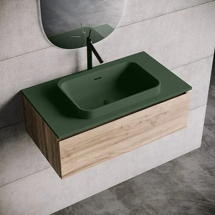 Lavabo y encimera Paul - 46 x 81 cm, Orificios para grifo: Medio, Con desbordamiento, Verde oliva - Elegante lavabo de baño con lavabo verde y mueble de madera para un diseño moderno.