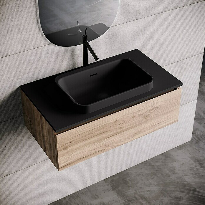 Lavabo y encimera Paul (46 x 81 cm, Orificios para grifo: Medio, Con desbordamiento, Negro) | BAUHAUS