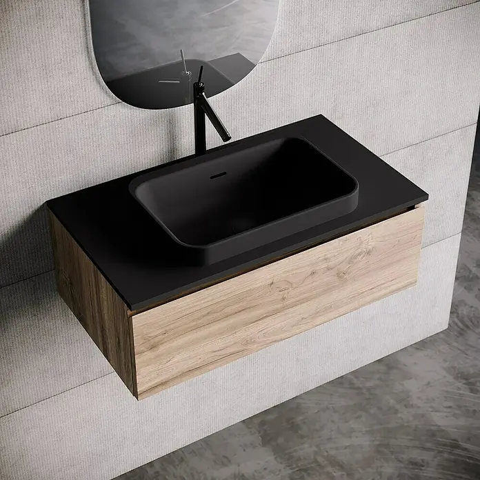 Lavabo y encimera Paul - 46 x 81 cm, Orificios para grifo: Medio, Con desbordamiento, Negro - Elegante lavabo de baño con encimera negra y mueble de madera, diseñado con estilo y modernidad.
