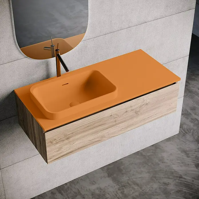Lavabo y encimera Paul izquierda - 46 x 101 cm, Orificios para grifo: Izquierda, Con desbordamiento, Melocotón - Moderno mueble de baño naranja y con aspecto de madera con espejo para un diseño de baño elegante.