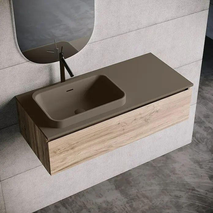 Lavabo y encimera Paul izquierda - 46 x 101 cm, Orificios para grifo: Izquierda, Con desbordamiento, Nut - Elegante lavabo de baño con un diseño moderno, que destaca por su sencilla elegancia y la alta calidad de su fabricación.