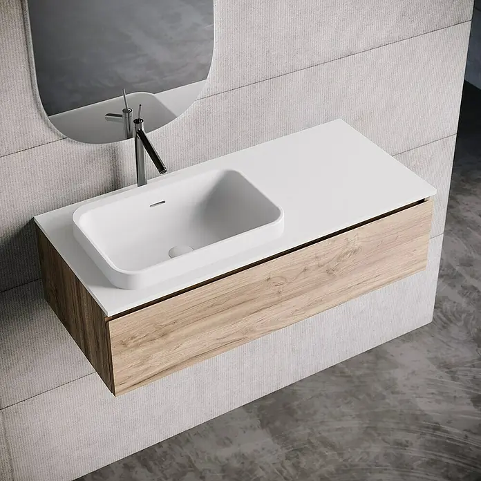 Lavabo y encimera Paul izquierda - 46 x 101 cm, Orificios para grifo: Izquierda, Con desbordamiento, Blanco - Mueble de baño moderno con encimera blanca y armario de madera. Diseño elegante para baños con estilo.