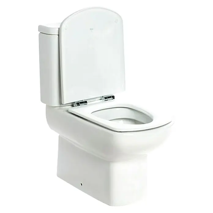 Roca Eos Pack de WC - Con borde de descarga, Salida dual, Blanco - Primer plano de un inodoro blanco con tapa abierta, que muestra un diseño moderno y limpio para el baño.