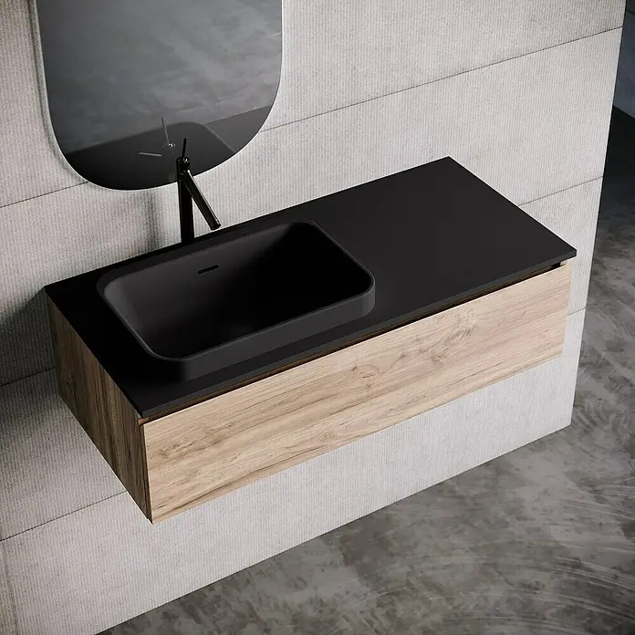 Lavabo y encimera Paul izquierda - 46 x 101 cm, Orificios para grifo: Izquierda, Con desbordamiento, Negro - Elegante lavabo de baño con encimera negra y mueble de tocador con aspecto de madera.