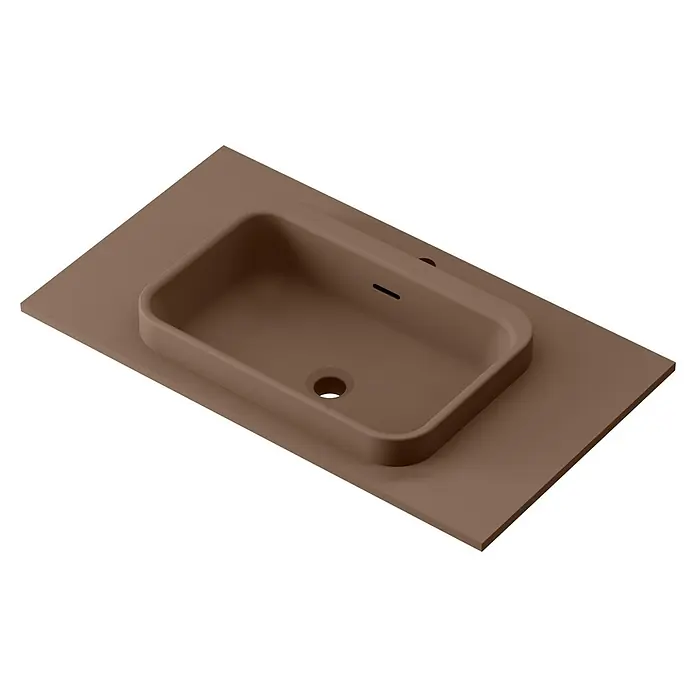 Lavabo y encimera Paul - 46 x 81 cm, Orificios para grifo: Medio, Con desbordamiento, Cacao - Vista desde arriba de un elegante lavabo en tonos tierra sobre una encimera a juego, que irradia diseño moderno de baño.