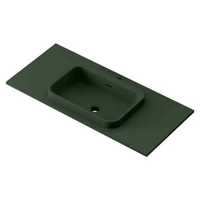 Lavabo y encimera Paul - 46 x 101 cm, Orificios para grifo: Medio, Con desbordamiento, Verde oliva - Un moderno lavabo verde con encimera integrada de diseño minimalista. Ideal para un baño elegante, aporta un toque de sofisticación al espacio.