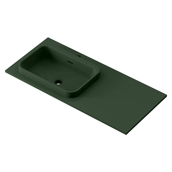 Lavabo y encimera Paul izquierda - 46 x 101 cm, Orificios para grifo: Izquierda, Con desbordamiento, Verde oliva - Una encimera de lavabo verde oscuro con un lavabo integrado. El lavabo es rectangular con esquinas redondeadas, con un aspecto moderno.