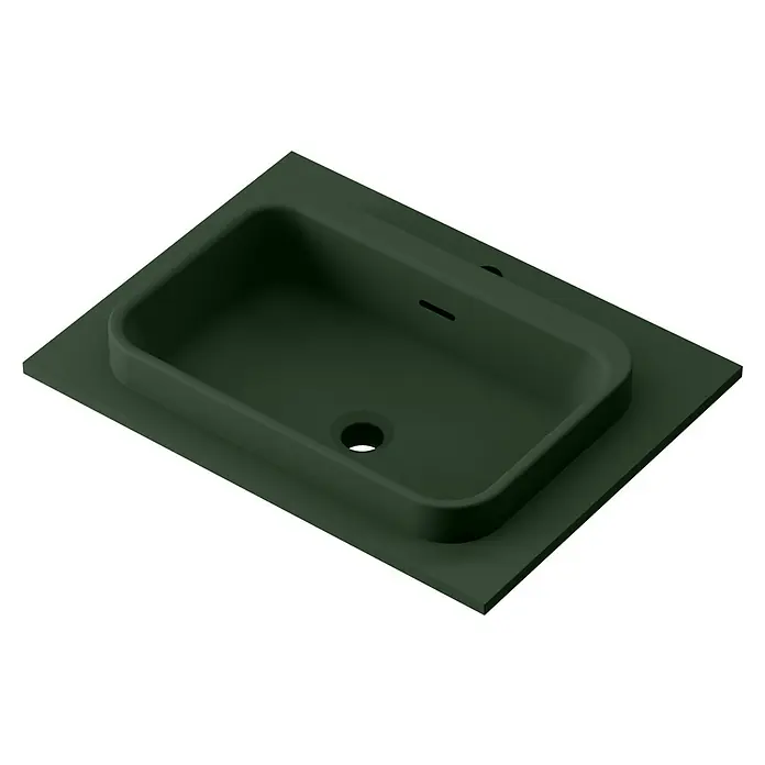 Lavabo y encimera Paul - 46 x 61 cm, Orificios para grifo: Medio, Con desbordamiento, Verde oliva - Lavabo verde oscuro de forma rectangular, encastrado en una encimera. Diseño elegante para baños modernos.