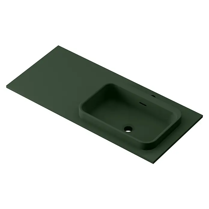 Lavabo y encimera Paul derecha - 46 x 101 cm, Orificios para grifo: Derecha, Con desbordamiento, Verde oliva - Una encimera de lavabo verde con un lavabo integrado sobre un fondo negro.