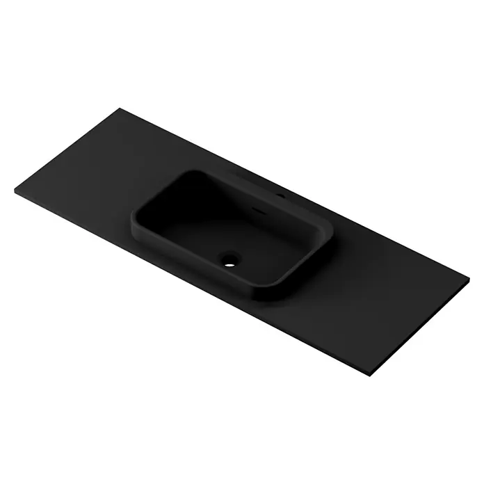 Lavabo y encimera Paul - 46 x 121 cm, Orificios para grifo: Medio, Con desbordamiento, Negro - Un elegante lavabo moderno negro con una cubeta rectangular, que muestra una estética minimalista perfecta para un baño elegante.