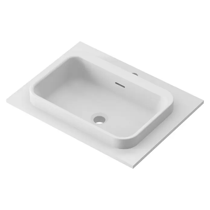 Lavabo y encimera Paul - 46 x 61 cm, Orificios para grifo: Medio, Con desbordamiento, Blanco - Primer plano de un lavabo sobre encimera blanco y moderno sobre una encimera blanca, perfecto para un baño elegante.
