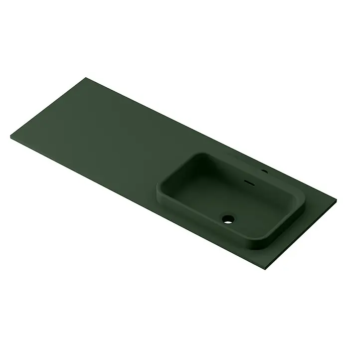 Lavabo y encimera Paul derecha - 46 x 121 cm, Orificios para grifo: Derecha, Con desbordamiento, Verde oliva - Elegante lavabo verde oliva con estante, diseño moderno para el baño. Líneas elegantes y aspecto minimalista.