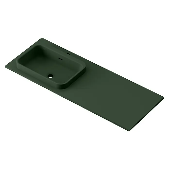 Lavabo y encimera Paul izquierda - 46 x 121 cm, Orificios para grifo: Izquierda, Con desbordamiento, Verde oliva - Una elegante encimera verde con lavabo integrado. Esta unidad es ideal para baños modernos con diseños minimalistas.
