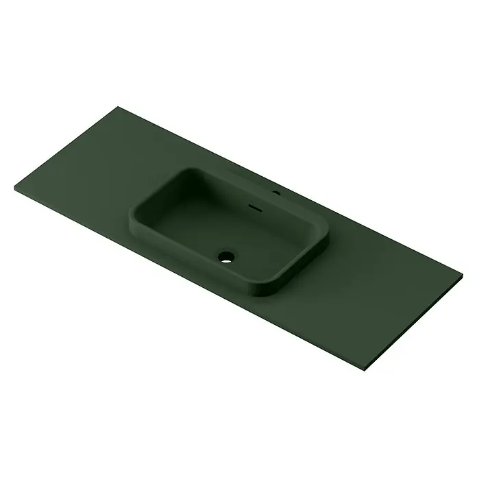 Lavabo y encimera Paul - 46 x 121 cm, Orificios para grifo: Medio, Con desbordamiento, Verde oliva - Moderna combinación de lavabo sobre encimera verde con un lavabo rectangular para un diseño de baño elegante.