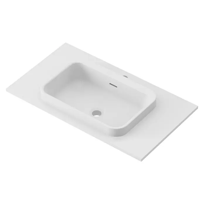 Lavabo y encimera Paul - 46 x 81 cm, Orificios para grifo: Medio, Con desbordamiento, Blanco - Vista superior de un lavabo rectangular moderno de cerámica blanca con una superficie lisa, ideal para baños y aseos.